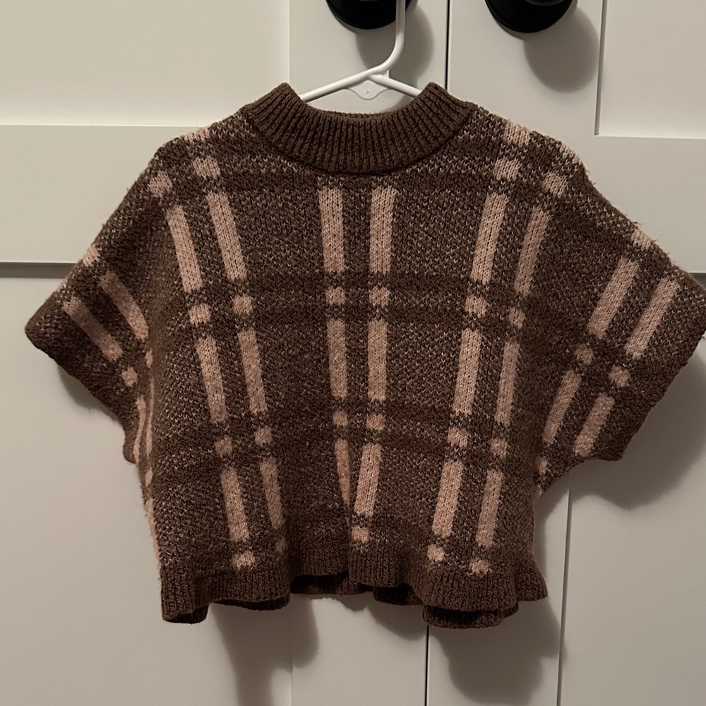 Zara Brown and Light Pink Plaid Poncho Sweater